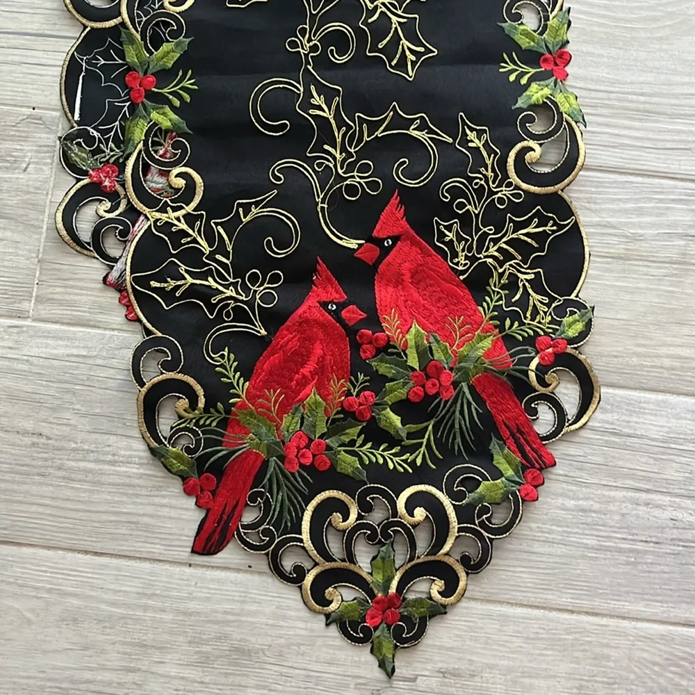 Holiday embroidered cardinal holly berry black gold table runner Christmas 67x12